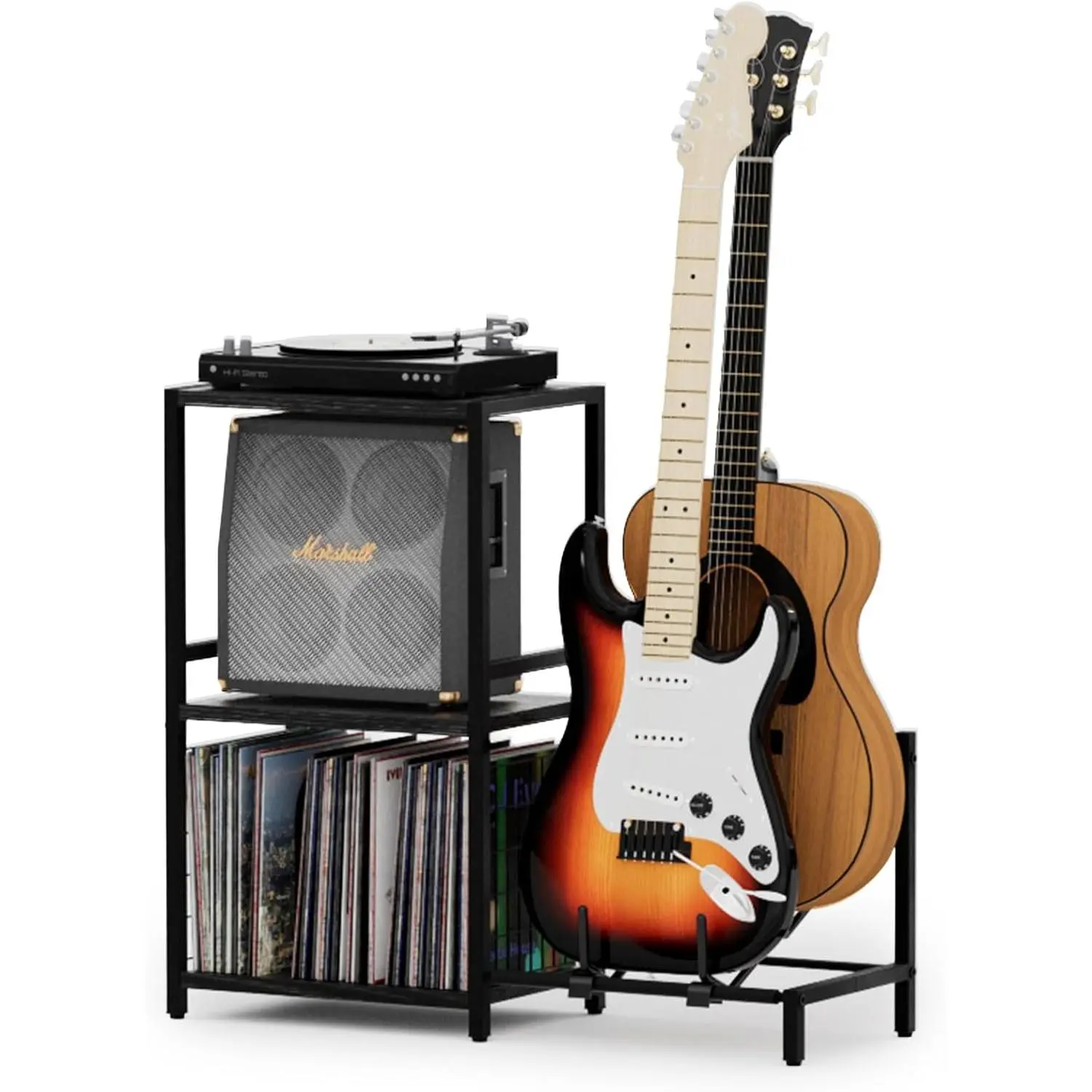 End Table with Guitar Stand,Record Player Stand,Vinyl Records Storage,2-Tier Guitar Stand for Acoustic, Electric Guitar,Bass,Turntable Stand Side Table for  Room Studio Living Room-Black