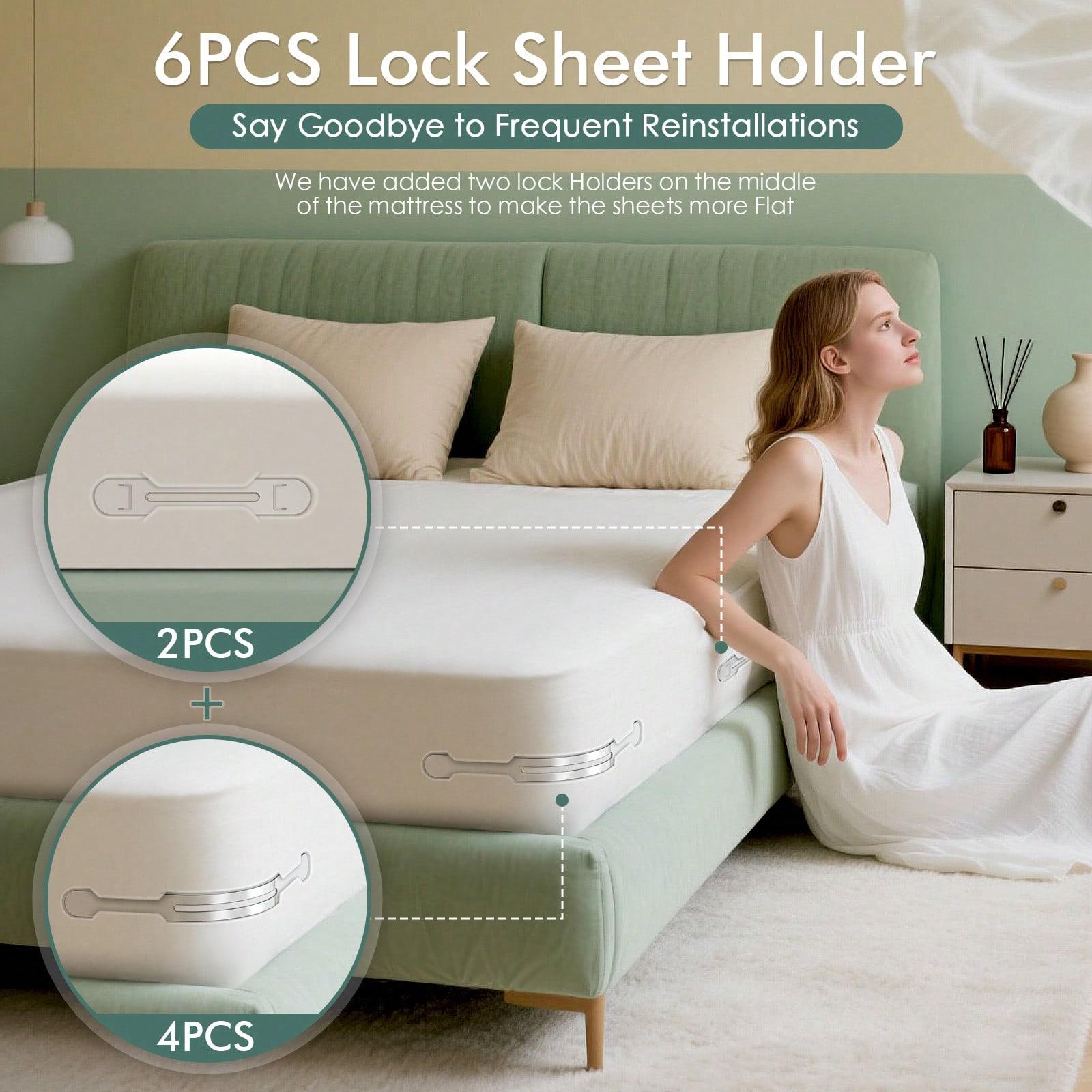 TAIMASI Lock Sheet Holders, Bed Sheet Holder For Corners, Heavy Duty Bed Sheet Holder Corner Fitted Sheet Straps Secure Sheets Firm & Tight In Place, Fits All Sheet Sizes, Easy Installation(6Pcs)