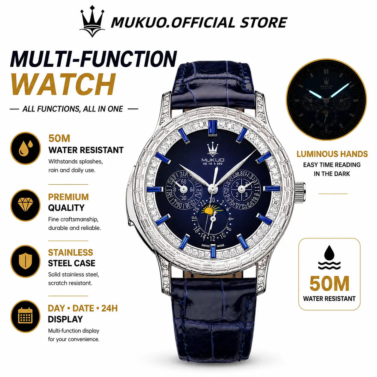 [100% Original] MUKUO Men's Multifunctional Watch with Complex Features, Stainless Steel and Waterproof Watch, Exclusive Luxury Brand
