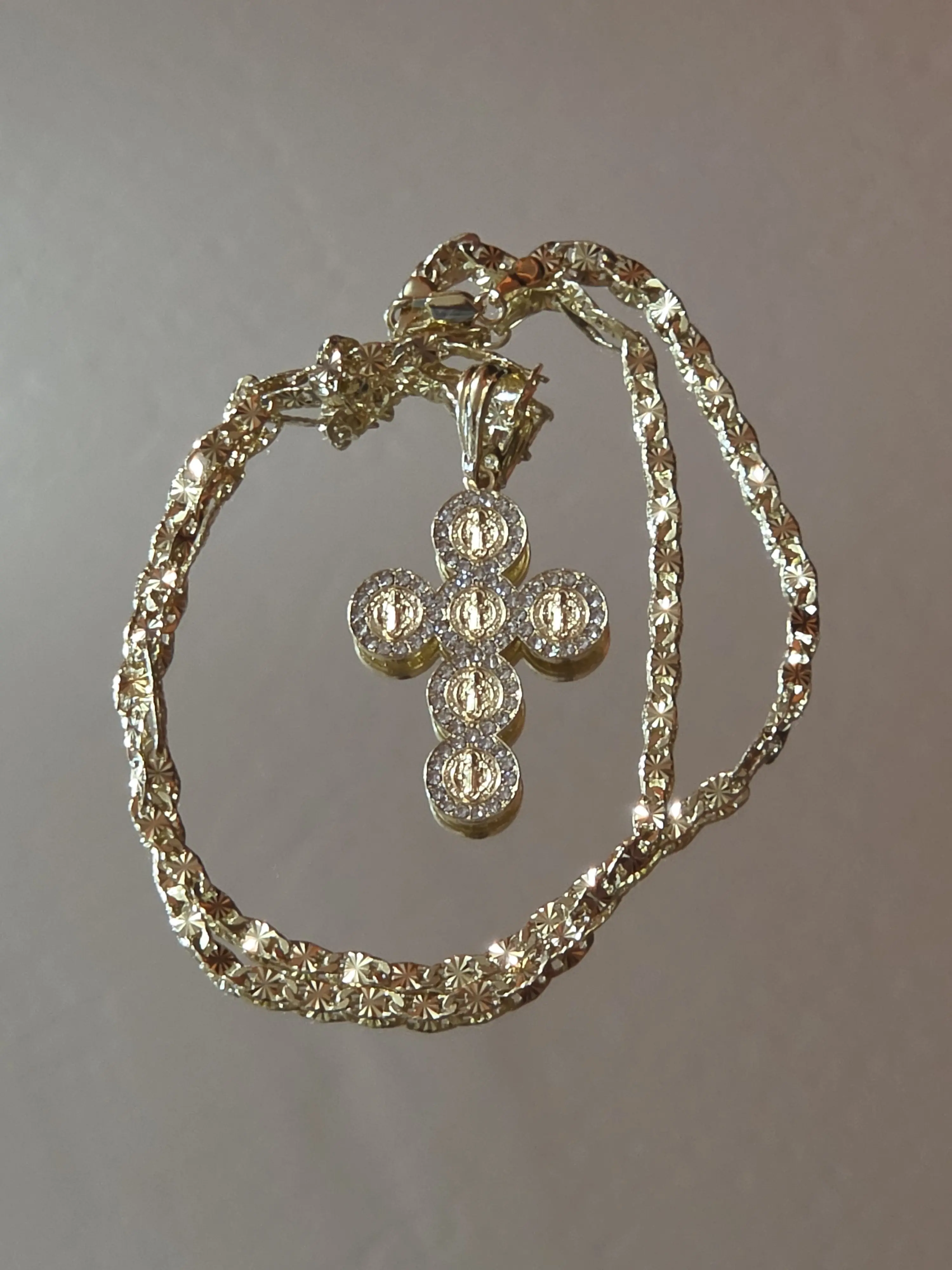 N91-Six Circle Saint Benedict Cross Pendant, 24 Inches Diamond Cut Style Chain Copper Gold Plated