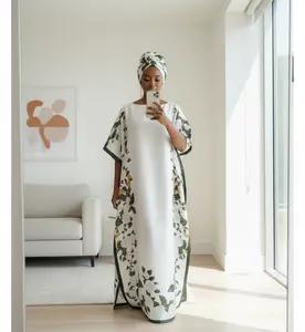 Minimalist Resort Vibe Breathable White Botanical Maxi Dress Elegant Floral Loose-Fit Kaftan & Turban Set