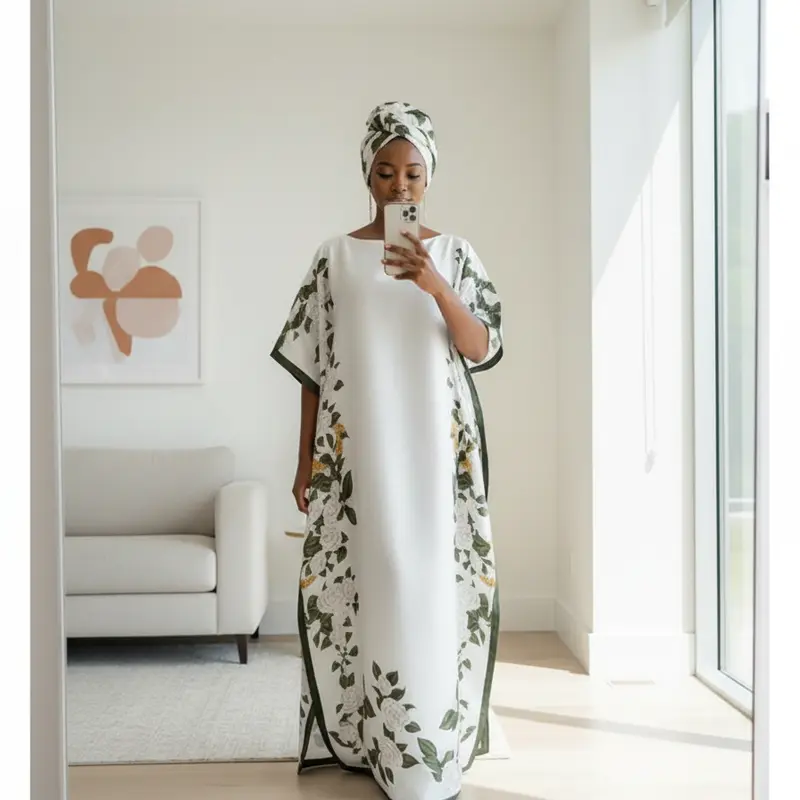 Women's 2-Piece Kaftan Dresses & Turban Set - Basic Breathable White Botanical Print Chiffon Gown, Short Sleeves, Cowl Neck, Pull-On Loose Fit, Maxi Length Coverage for Holiday Resort Kaftan Style Kaftan Boubou Robe