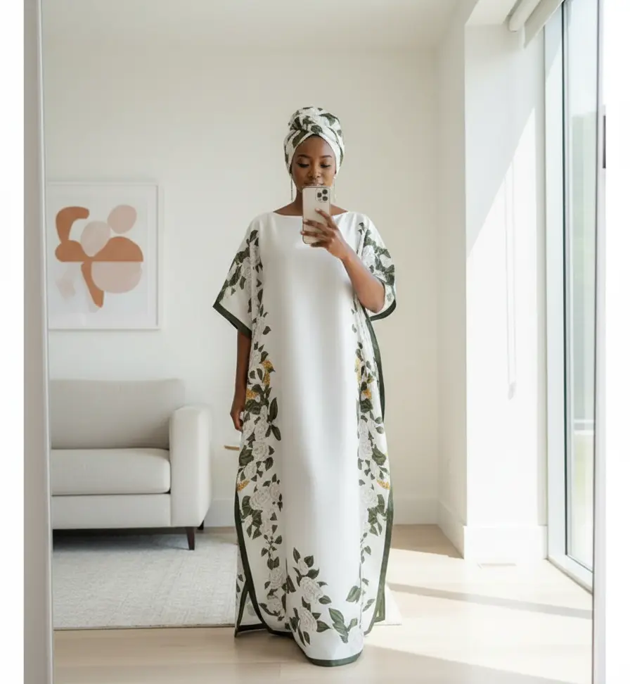 Minimalist Resort Vibe Breathable White Botanical Maxi Dress Elegant Floral Loose-Fit Kaftan & Turban Set