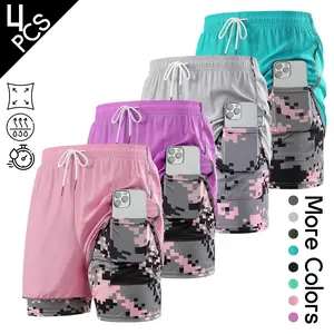 4 Pack Women's 2-in-1 Running Shorts with Hidden Phone Pocket, Quick Dry High Waisted Workout Shorts, Athletic Shorts with Camo Liner Bundle