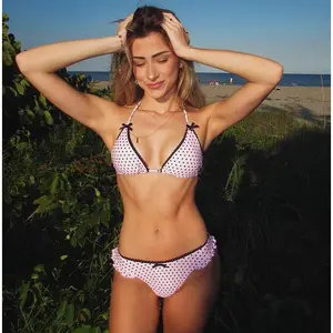 Women 2 Pieces Bikini Swimsuits Dot Print Tie-Up Halter Neck Sleeveless Bra Thong Bottoms Beach Bathing Suit Set