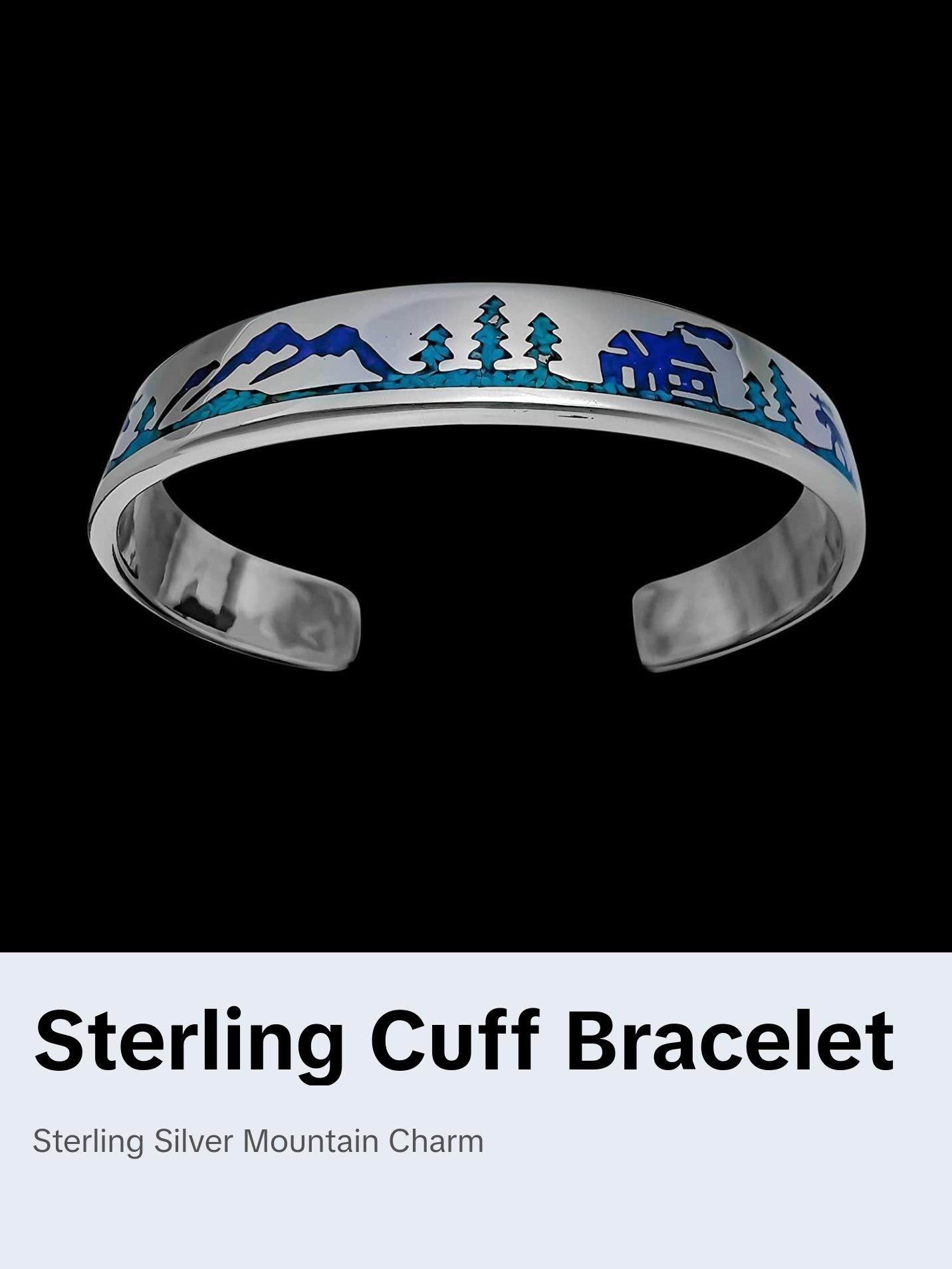 925 sterling silver Mountain Man cuff bracelet with Moose and Mountain Cabins