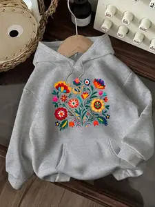 Women's Casual Fashion Loose Cartoon Floral Print Hoodie, Fall & Winter Fitted Kint Fabric, Moderate Thickening, Comfortable Wear