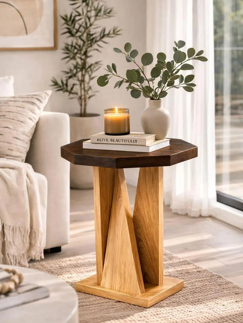 Geometric Wood Side Table - Handmade, Rustic Modern Accent Nightstand for Home Decor, Home Furnishings