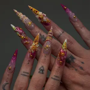 (MTO) BubbleNailArt Tropical Mermaid Blossom 3D Hand-Sculpted Flower Textured Seashell Gold Bead Handcrafted Wearable Nail Art Fashion Hand Accessories