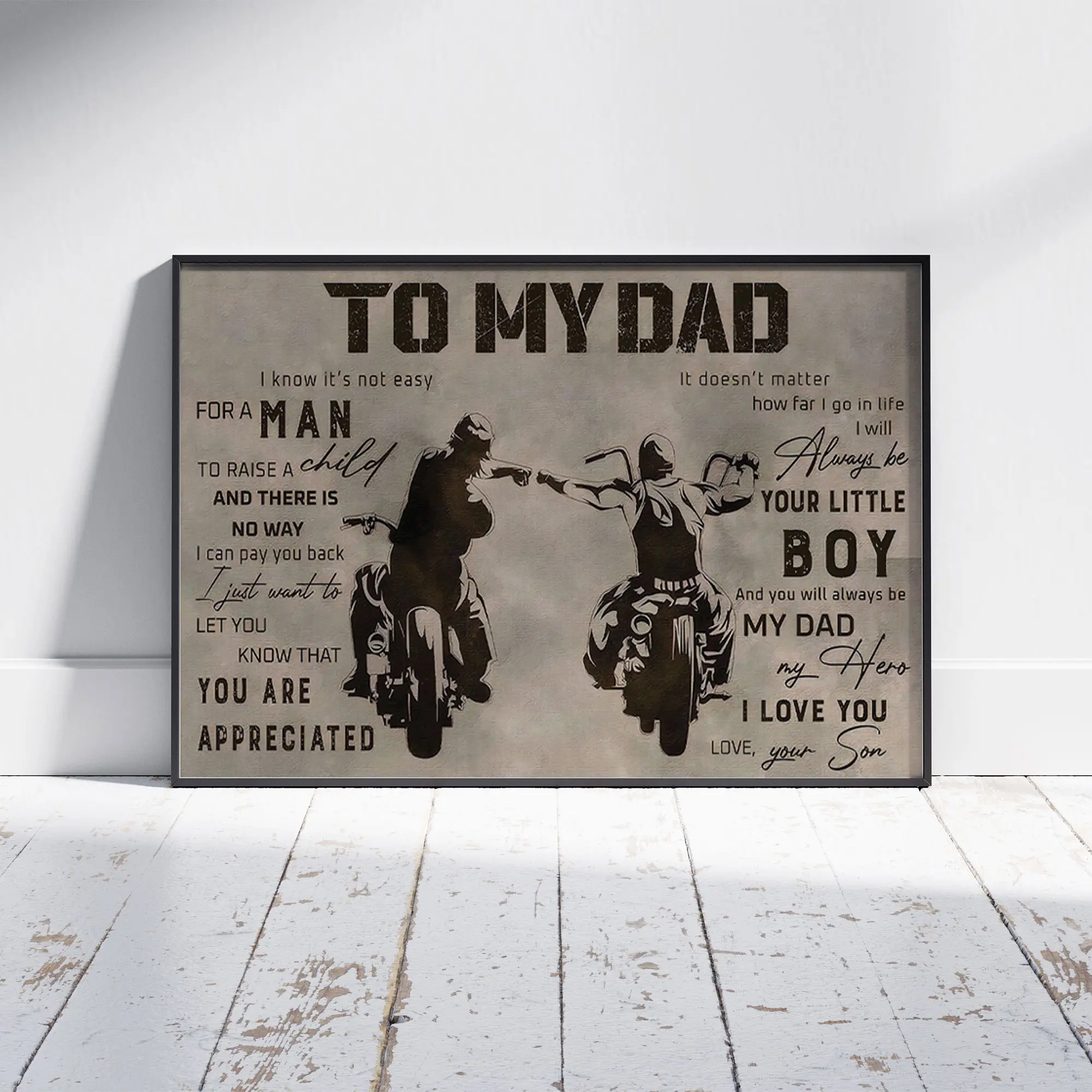 To My Dad From Son Motorcycle Poster, Biker Dad Wall Decor, Fathers Day Gift Print, My Hero Family Art, Rustic Garage Poster