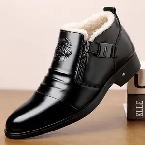 Winter New Men's Fleece High-top Fashion Leather Shoes Lion Head Business Casual Slip-on Black Men's Shoes