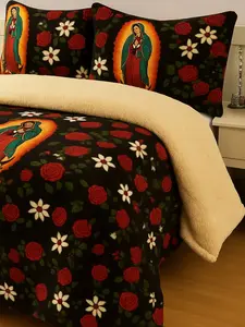 Rosas De Guadalupe 3 Piece Set Full Queen Virgin Mary Soft Borrego Cozy Warm Thick Material Matching Pillow Shams