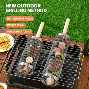 2-Pack Stainless Steel Rolling BBQ Grill Baskets - Portable Charcoal Barbecue Grilling Cages for Outdoor Camping, Backyard Cooking, with Small & Large Sizes Available