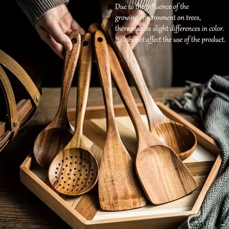 Wooden Kitchen Utensils Set of 5, Durable Kitchenware, Wooden Cooking Tools with Natural Stirring Spoons, Wooden Spatulas & Non-Stick Cookware Tools, Handmade Soup Spoons and Frying Pan Scrapers, Perfect Gift for Home Kitchen Use