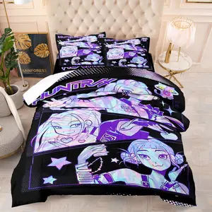 K-Pop Anime Idol Print Comforter Set, 1 Quilt and 1-2 Coreless Pillowcases, Laser Gradient Neon Lines Outline the Girl Group Image, Comfortable Fabric Beding, Sweet Cool Bedroom Decor Gift for Fans