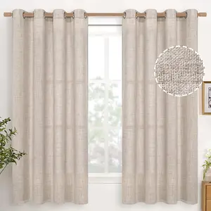 Linen Semi Sheer Curtains 63 Inch Length 2 Panels for Living Room - Light Filtering Drapes with Bronze Grommet Beige Window Treatments for Country Office Bedroom, 52 X 63 Inch