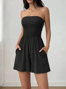 AUXDIO Women's Summer Strapless Casual Romper Smocked Backless Loose Shorts 2025 Beach Sleeveless Jumpsuits