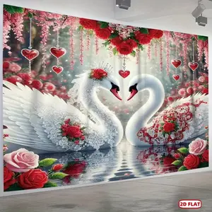 Romantic Swans and Roses Tapestry White Swans with Floral Wings Heart Shape Red Pink Roses 2D Flat Design for Living Room Bedroom Office Party Decor Easy Hang No Installation