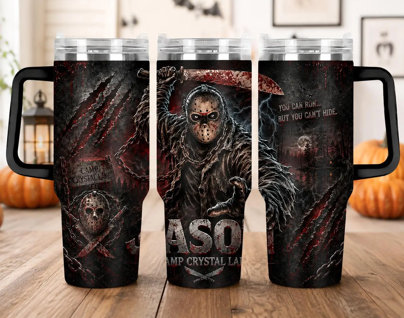 Jason Voorhees Friday the 13th 40oz Tumbler with Handle & Straw, Classic Halloween Horror Movie Insulated Travel Cup, Camp Crystal Lake Slasher Killer Mug, Scary Movie Fan Gift, Creepy Gothic Spooky Season Drinkware