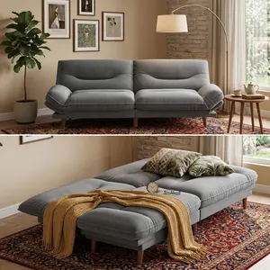 Adjustable Convertible Futon Sofa Bed, 2 Seater Soft Fabric Sleeper Couch with Multi Angle Backrest & Pillow Armrest, Ergonomic Lumbar Support Leisure Loveseat Sofa, Dark Gray Multifunctional Furniture for Living Room Bedroom Home Rest