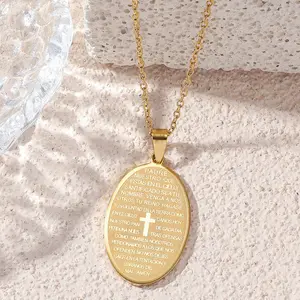 Sunselle Gold Plated Stainless Steel Oval Spanish Lord's Prayer Cross Pendant Necklace, Saint Jude/Santa Muerte Holy Death Grim Reaper/Lord's Prayer Bible Cross/The Good Shepherd Pope Francis Papal Cross/INRI Crucifixion Pendant