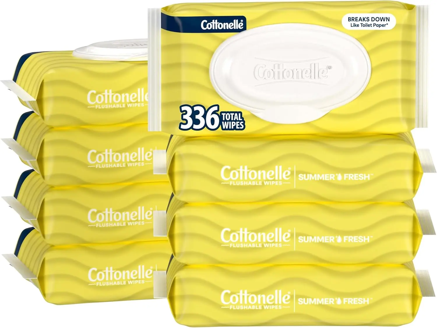 Scented Cottonelle Summer Fresh Light Scent Flushable Toilet Wipes, 8 Flip-Top Packs (42 per Pack, 336 Total), Infused with Purified Water