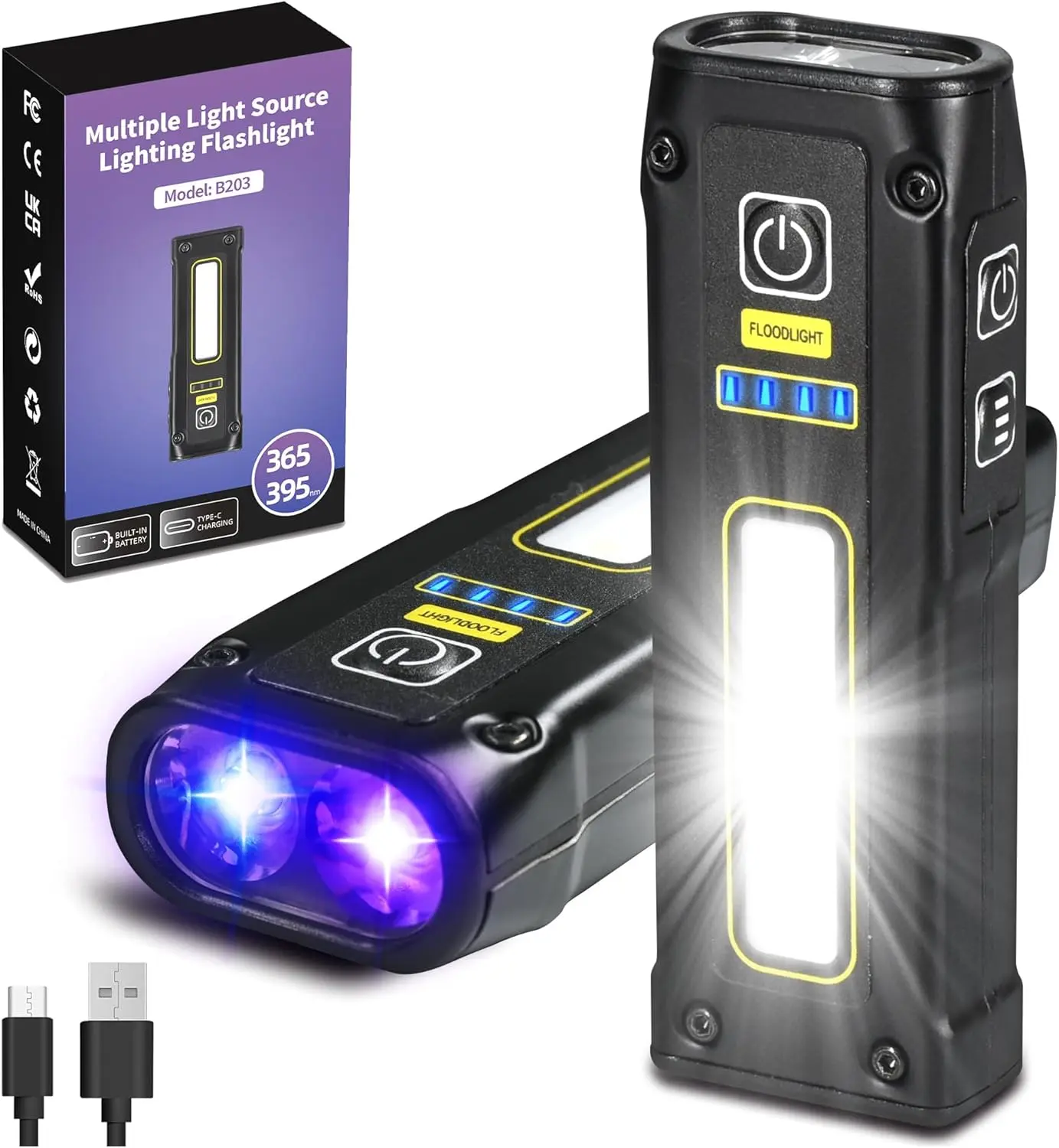 UV Flashlight 365+395 Blacklight, LED EDC Flashlights high Lumen USB C Rechargeable Woods Lamp, Mini Magnetic COB Red Light - Emergency Power - Urine, Scorpion Detector, Cure Resin