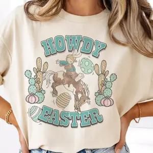 Vintage Western Easter Tee Howdy Easter Cowboy Graphic Tshirt  Cowgirl Easter Egg T-Shirt Rodeo Bunny Rabbit Top Casual Womenswear Crewneck Shirt