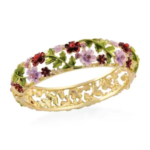 Red and Pink  Crystal, Multi Color Enameled Floral Bangle Bracelet in Goldtone 7-7.5In