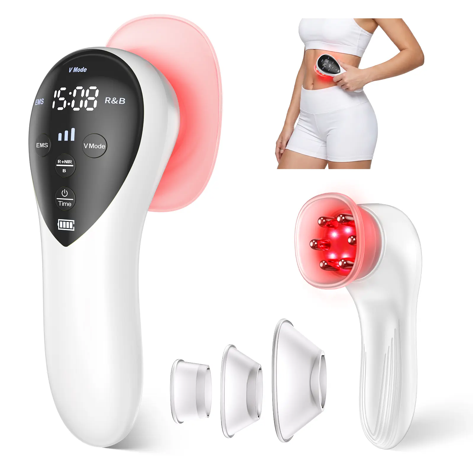 RICIAL Handheld Body Massager, Red Light EMS Cupping Suction Massager for Body and Face, Gua Sha Skin Care Tool with 3 Suction Cups for Belly, Waist, Arms, Thighs, Type-C Charging, Firming & Home Spa Gifts for Women