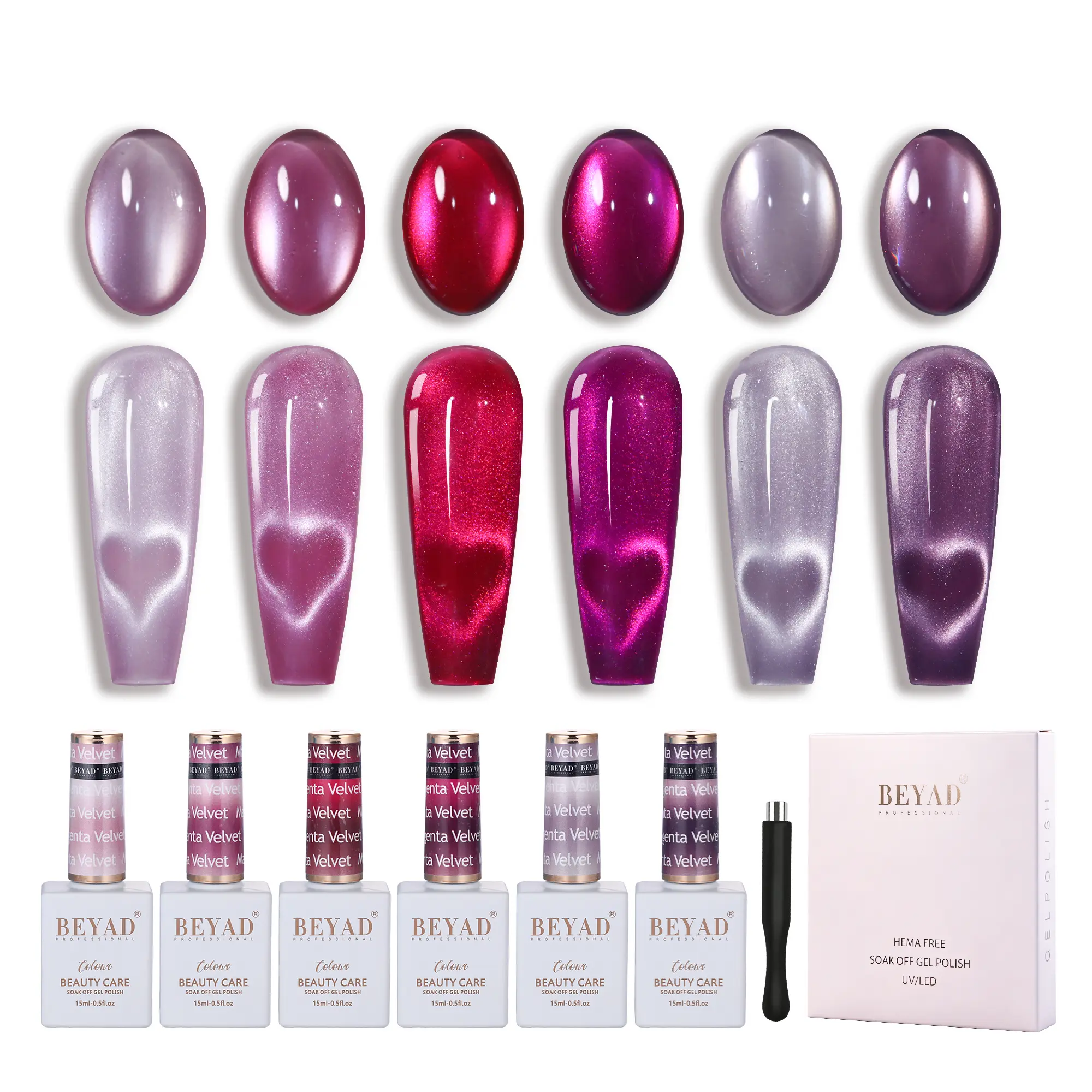 Beyad Magenta Velvet Cat Eye Gel Polish Set - 6 x 15ml Magnetic Polish Bottles, Free Magnet, 3D Velvet Look Nail Art Gel for Adults Doing Nails at Home