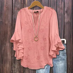 Cherrybetty Solid Flower Embroidered V-Neck Ruffle Sleeve Blouse Womenswear Shirts Top Plus Size Clothes Spring Clothes Cute Tops For Women Women's Summer Outfits summerwins