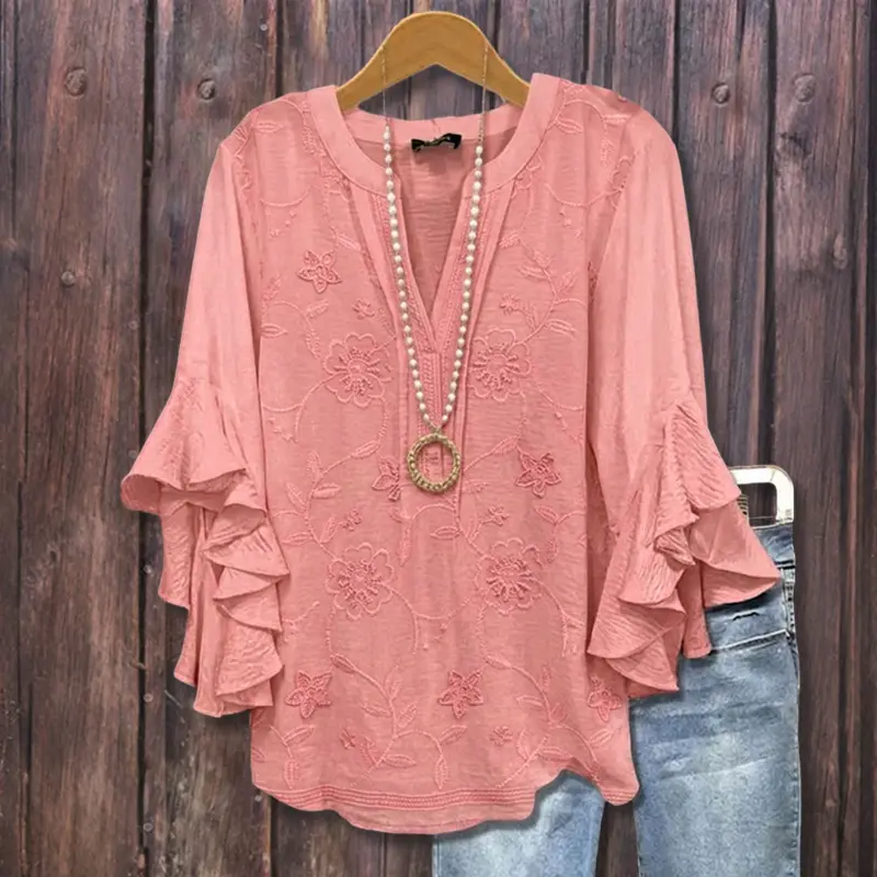 Cherrybetty Solid Flower Embroidered V-Neck Ruffle Sleeve Blouse Womenswear Shirts Top Plus Size Clothes Spring Clothes Cute Tops For Women Women's Summer Outfits