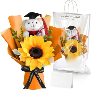 Giegxin 3 Pcs Graduation Bear Flower Bouquet Set, 2025 Small Plush Stuffed Bouquet with Bag and Gift Card Bear Doll Sunflower Artificial Floral for Grad Celebration Party Supplies(Orange)