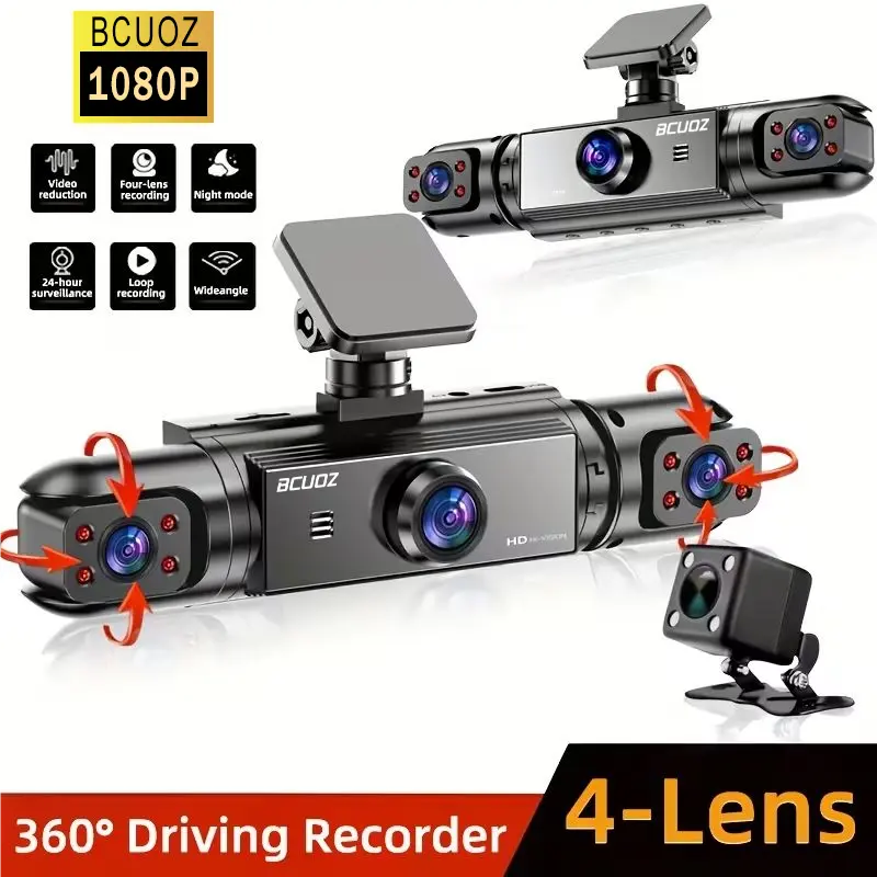 BCUOZ 4 Channel 360° Dash Camera Front and Rear Inside Left Right, 3.16 Inch Dash Cam for Cars, Built-in Night Vision, Sensitive Motion Detection 24/7 Recording Parking Mode Monitor Reversing Help