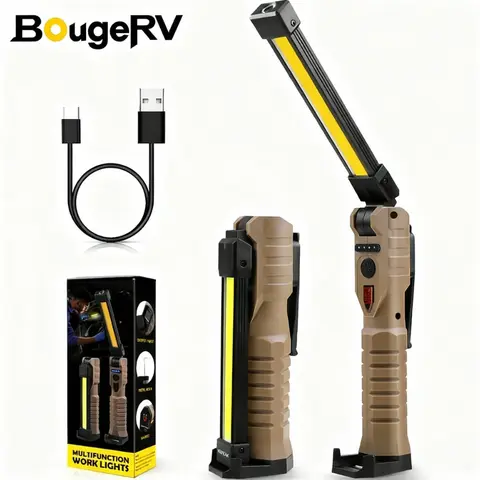 BougeRV Rechargeable LED Handheld Flashlight - Bright and Efficient Multifunction Light with Magnetic Base, Hanging Hook, 180° Rotate, 5 Modes for Work, Home Improvement