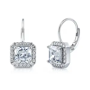 BERRICLE Sterling Silver Halo Leverback Drop Dangle Earrings for Women, Princess Cut Cubic Zirconia CZ