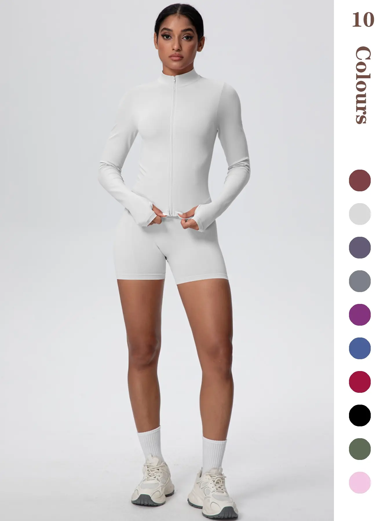 2 Piece Set Women's Solid Zip Up Mock Neck Sports Jacket High Waist Shorts Set, Sporty Breathable Sweat Wicking Outfits for Yoga Gym Workout Running Fitness Ladies Sportswear Athleisure Wear Set