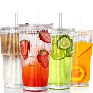 4 Pcs Spiral Glass, Drinking Cup, Iced Coffee Cup, Iced Coffee Glasses, Vintage Clear Glass, Glass with Straw and Lid, for Juice, Smoothie, and Cocktail.Drinking utensils, Ribbed Glass Tumblers