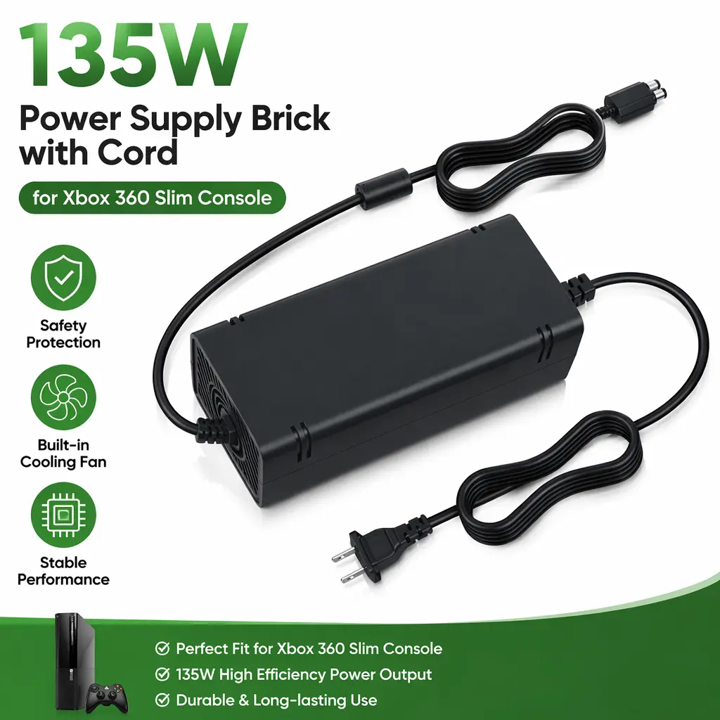 RUNTOGOL 135W AC Adapter Power Supply Brick with Cord - Replacement Video Game Console Charger for Slim Model (Not Compatible with Standard/Xbox 360 E Models)