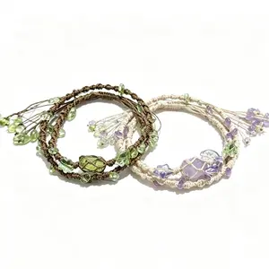 Women's 2-Piece Handmade Bohemian Floral Pattern Bracelets - Light Ocean Color Natural Stone, 4-Month Birthstone, Stackable, Ideal for Everyday Wear, Party Gifts