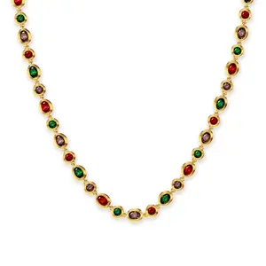 PASCAL Catena Multi-Color Gemstone Necklace for Women & Men 14ct Lab-Grown Gemstones 18K Gold Plated Adjustable 16-18 Inches Vintage Statement Gift