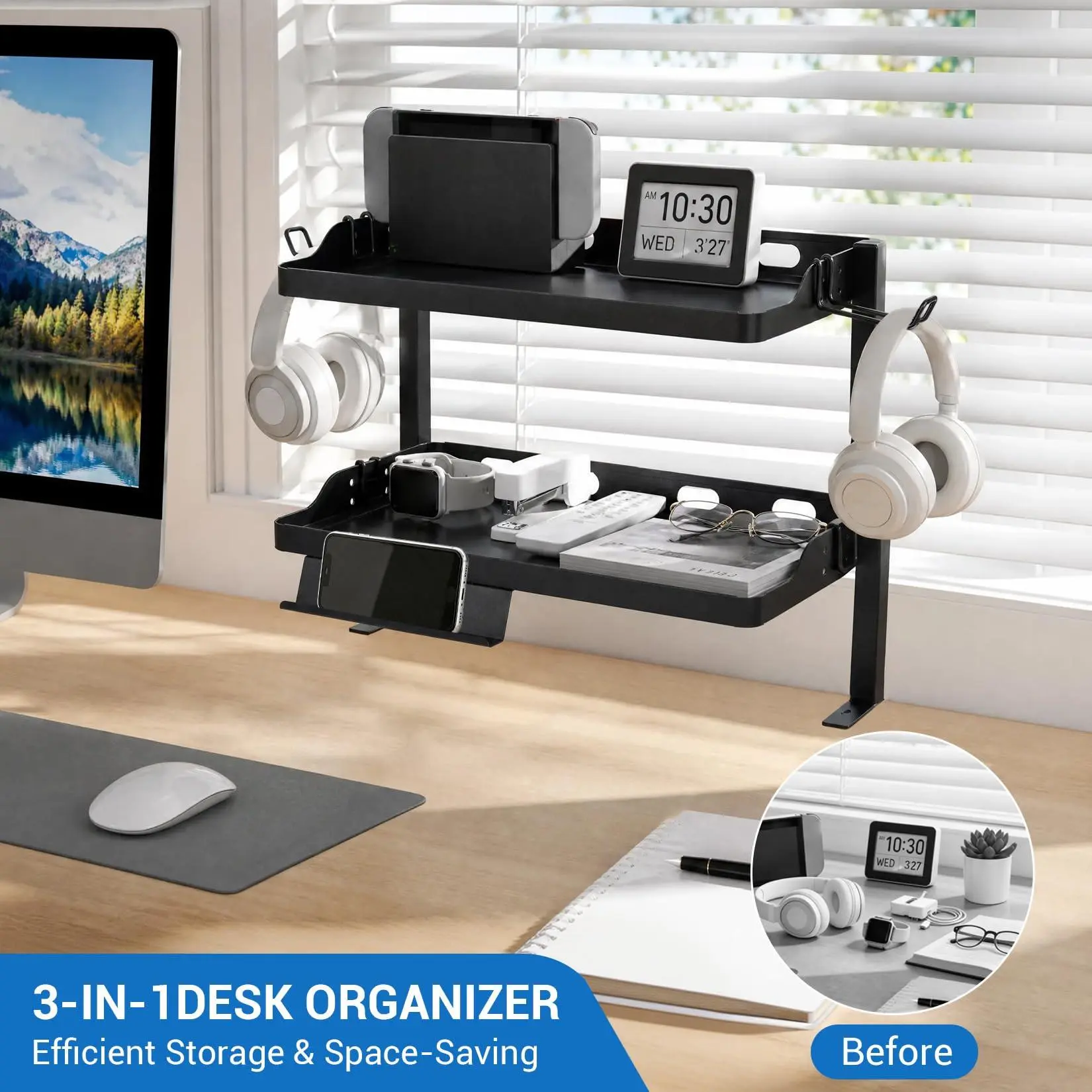 Adjustable 2-Tier Clamp-On Under Desk Organizer Shelf with Heavy-Duty Metal, Built-in Phone and Tablet Stand Removable Hooks Tool-Free Installation