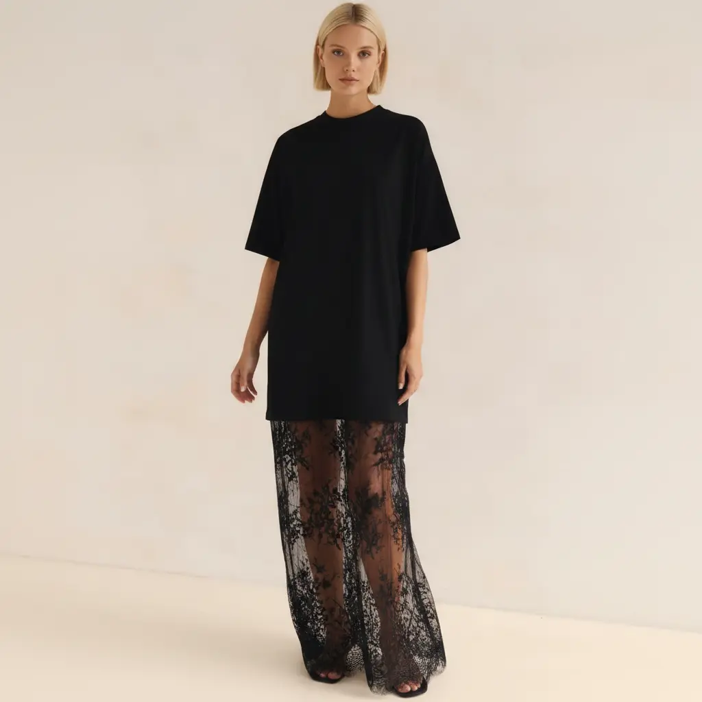 Women's 2-in-1 T-Shirt Maxi Dress - Oversized Tee with Sheer Lace Overlay, Short Sleeve Casual Long Dress for Streetwear & Daily Wear