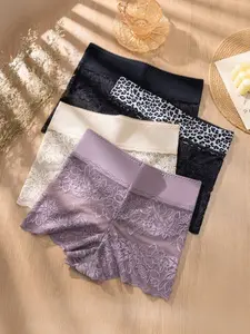 Women's Hollow Lace Underwear Set, Leaf Texture Plain Leopard Pattern, Elegant Breathable Fabric, All-Season Comfort, 4-Pack