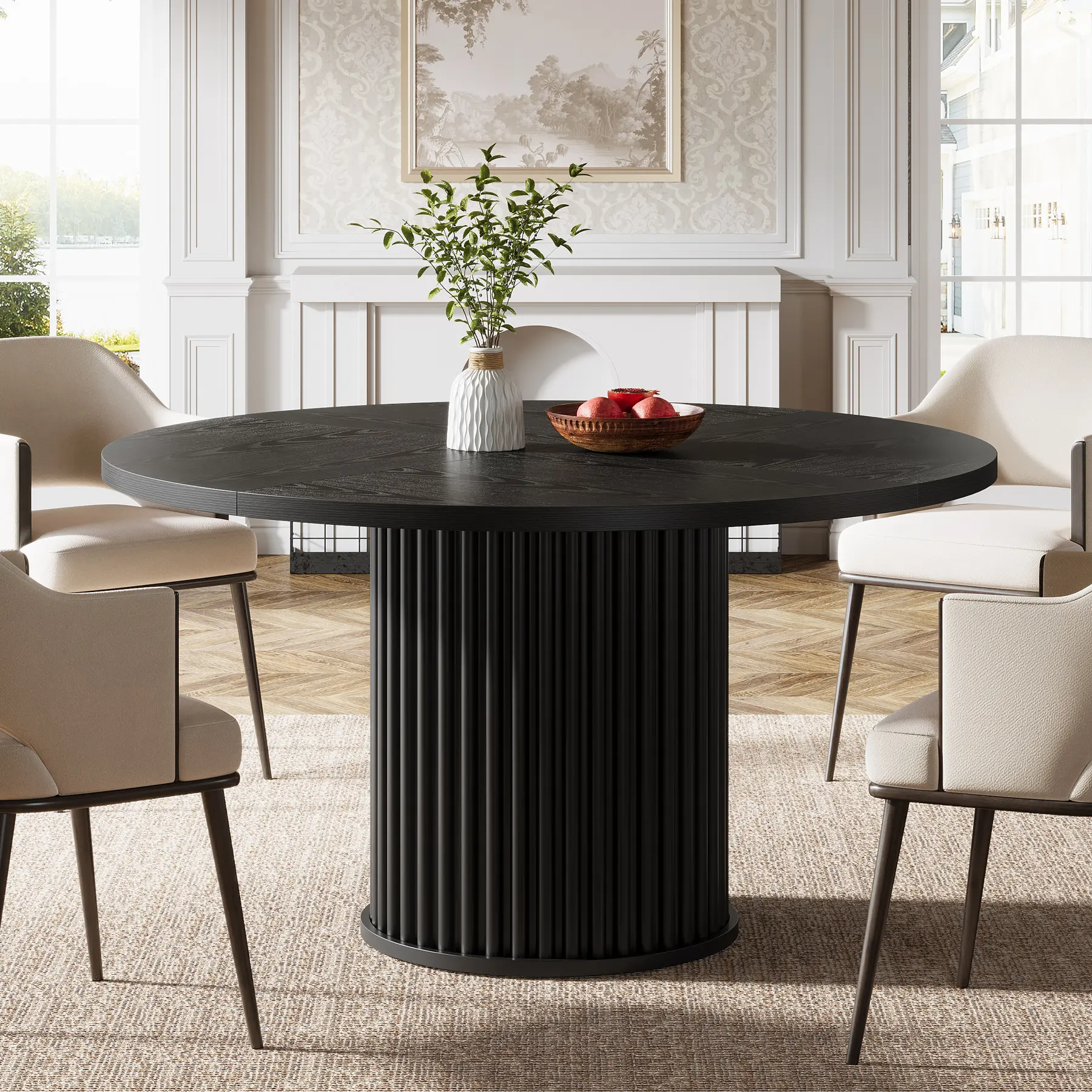 LITTLE TREE Black Round Dining Table for 4-6 People, 47.24-Inch Circle Kitchen Table with Sturdy Fluted MDF + Metal Base, Modern Home Dining Room Furniture