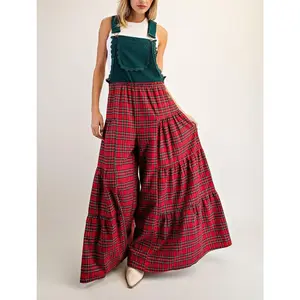 Women Christmas Plaid Overalls Lace Trim Wide Leg Pants Jumpsuit with Pocket for Daily Holiday Party