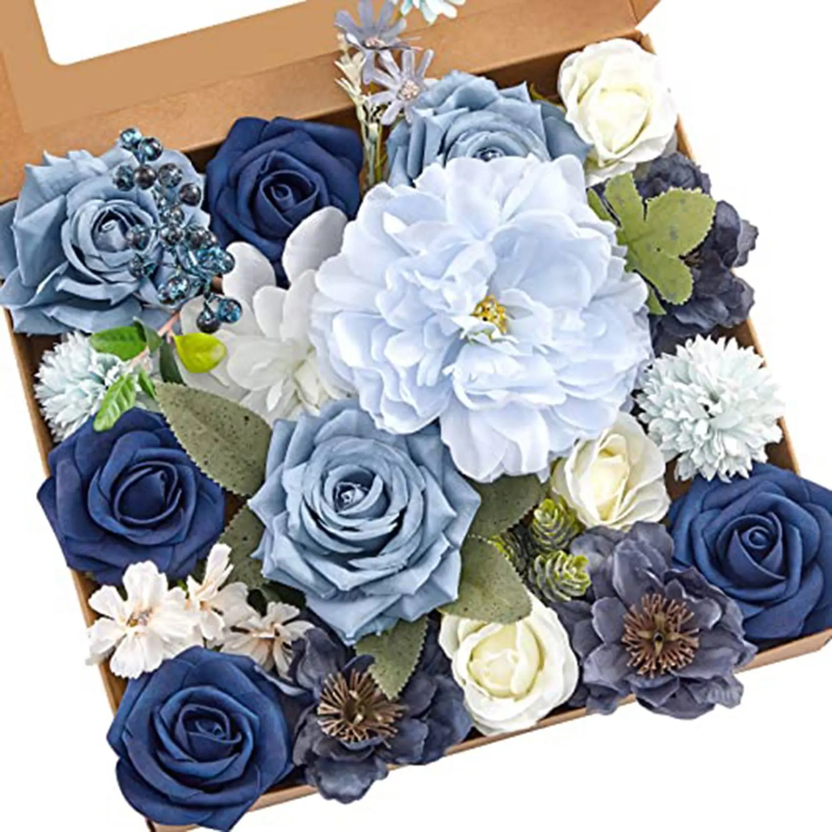 Dusty Blue Silk Fake Peony Ornaments - Lifelike Flowers, Romantic Artificial Combo with Decorative Box, for Bride’s DIY Wedding Bouquets, Dining Table Candlestick Decoration, Adjusts to Natural State