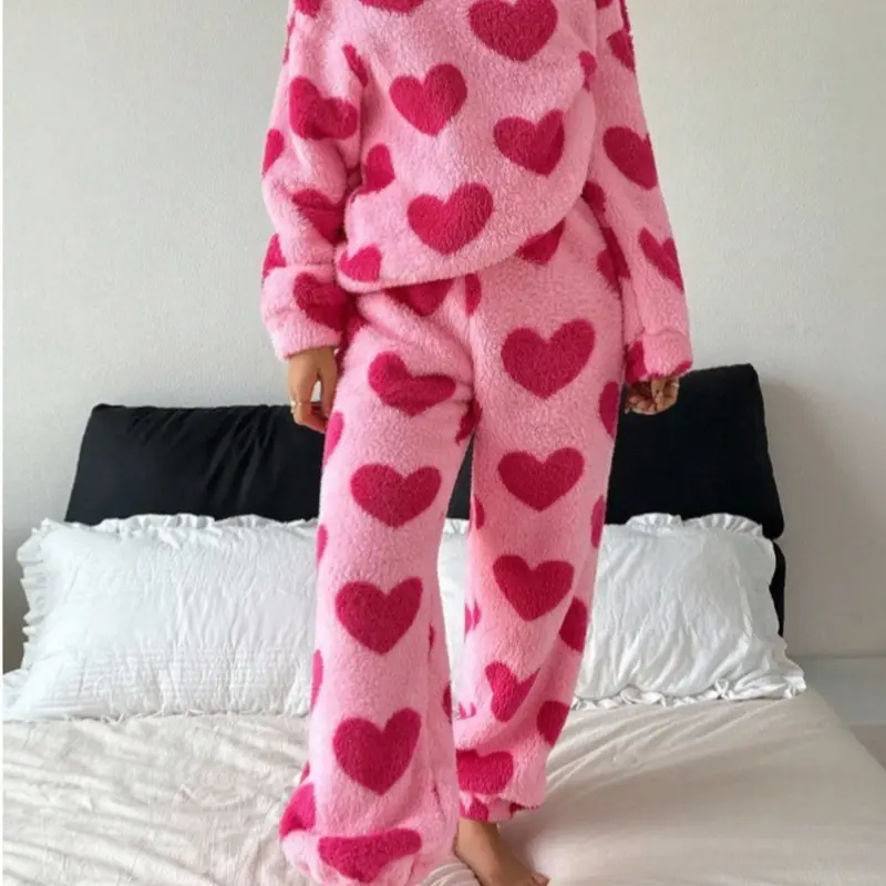 Women's Fall Winter Heart Print Thick Fleece Pajama Set, Warm & Cozy Sleepwear, Long Sleeve Round Neck Loungewear, Casual Home Wear Pjs