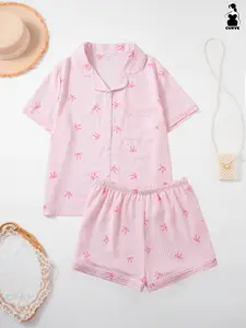 Plus Size Women's Pajama Set, Short Sleeve Top and Shorts, Striped and Bow Pattern, Loose Fit, Comfortable Home Wear, Loungewear